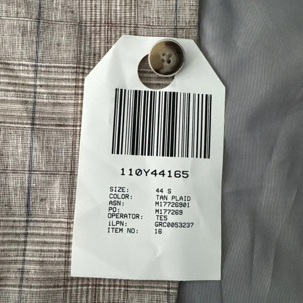 Joseph Abboud Paisley Linen Blazer Men 44S Slim Tan Plaid 2 Button Sport Coat